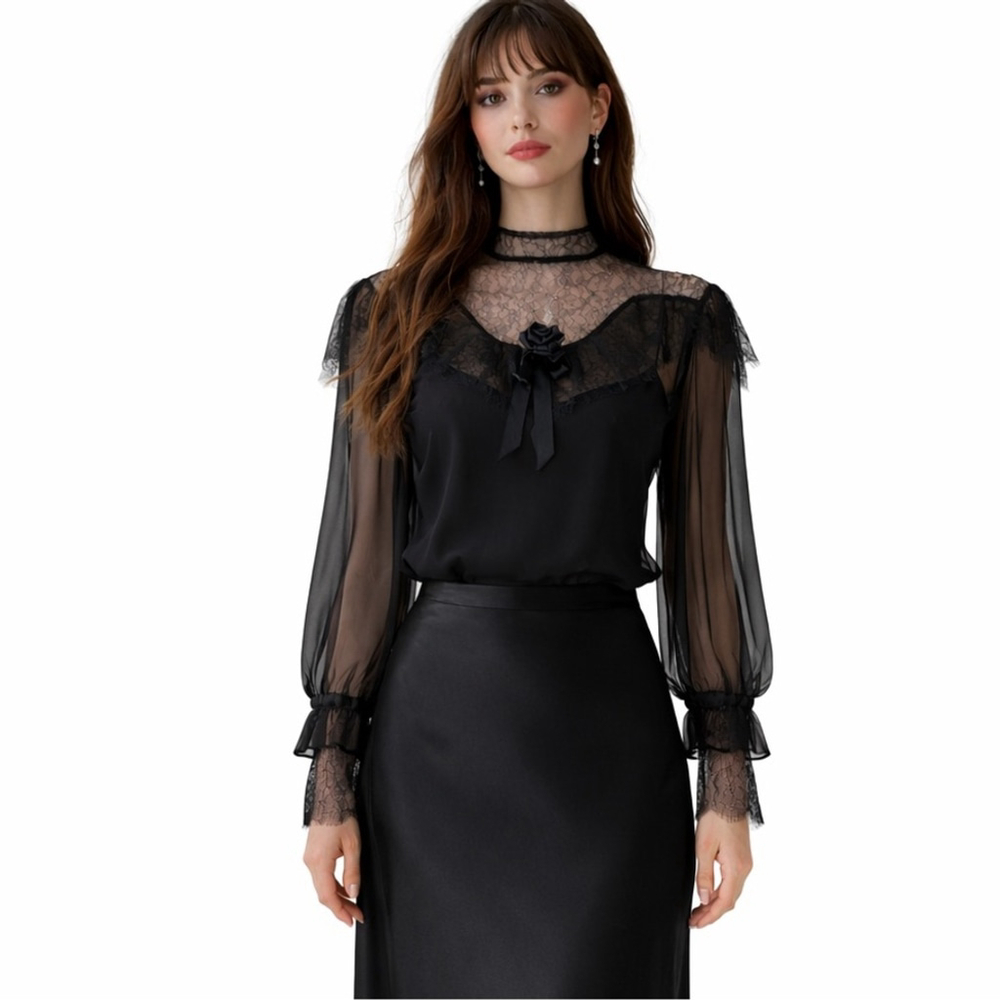 Christine silk Vintage Black Sheer Lace Blouse Size 8 m Romantic Gothic
